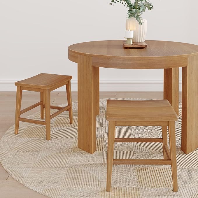 Plank+Beam Smythe Dining Stool, 18",Set of 4, Sturdy Wood Modern Kitchen Stool, Saddle Seat Backless Chair, Metal Footrest, Pecan