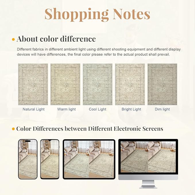 LIVEBOX Washable Area Rug 8x10 Rugs for Living Room Bedroom, Non-Slip Boho Neutral Carpet for Dining Room Office, Low-Pile Farmhouse Soft Carpets for Kids Nursery Room Playroom, Tan