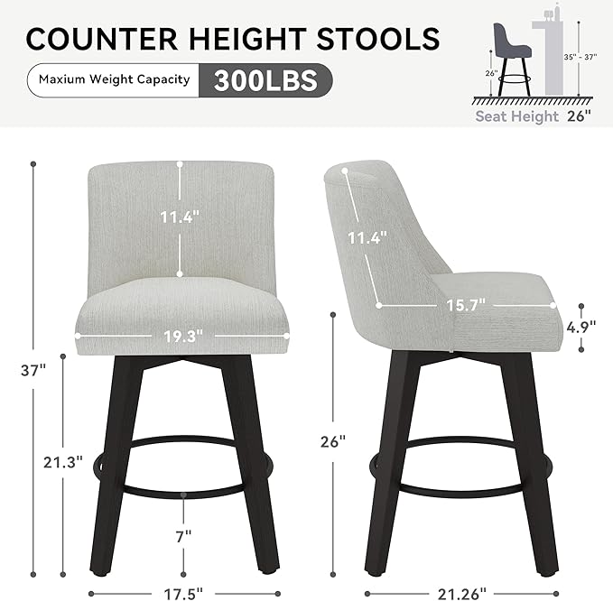 Counter Height Swivel Bar Stools Set of 2, 26 Inch Bar Stools with Footrest, Linen Fabric Upholstered Barstools with Back and Solid Wood Legs for Kitchen Island, Dining Room,Pub,White