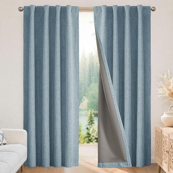Joydeco 100% Blackout Curtains for Bedroom - Natural Linen Curtains 72" L Long, Thermal Insulated 2 Panels Sky Blue Light Blocking Drapes, Rod Pocket & Back Tabs, Darkening Privacy for Living Room