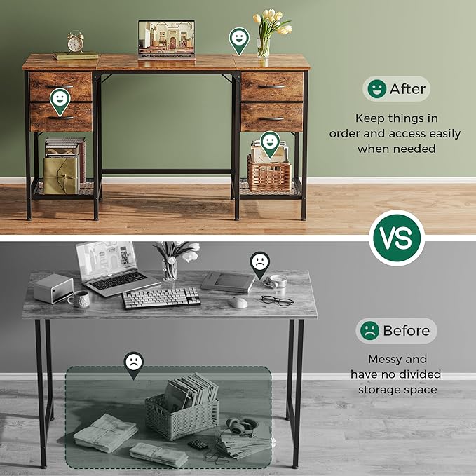 Huuger 55 Inch Computer Desk with 4 Drawers, Office Desk with Mesh Shelf, Gaming Desk, Large Storage, Writing Desk Work Desk for Home Office, Study, Bedroom, Work from Home, Rustic Brown