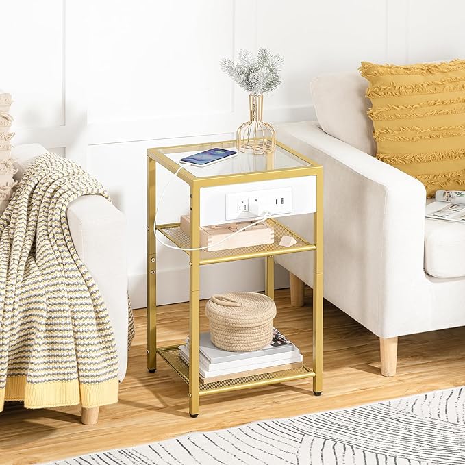 HOOBRO End Tables Set of 2 with Charging Station, Side Tables with USB Ports & Power Outlets, 3-Tier Slim Nightstands with Storage Shelves, Tempered Glass, for Living Room, Bedroom, Gold GD77UBZP201