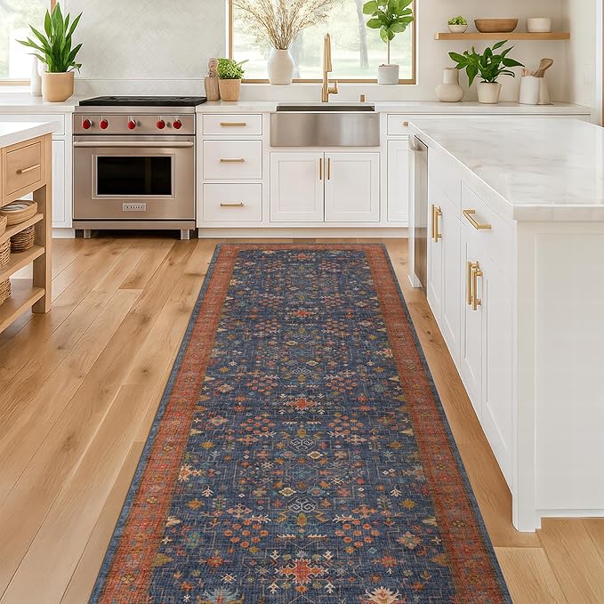 Washable 12 ft Long Runner for Kitchen Floor - Navy Blue Hallway Runner Rug, Pet Friendly Waterproof Non Slip with Rubber Backing, Stain Resistant Laundry Room Rug (3x12 Navy Blue & Terracotta)