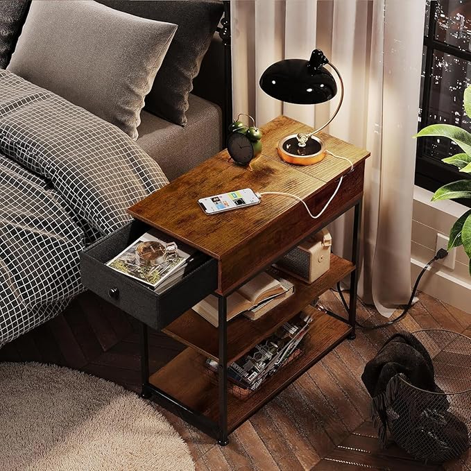 WLIVE Narrow Side Table with Charging Station, End Table for Living Room, Couch Side Table with Fabric Drawer for Bedroon, 11.8‘’W 23.6‘’L 24‘’H, Rustic Brown