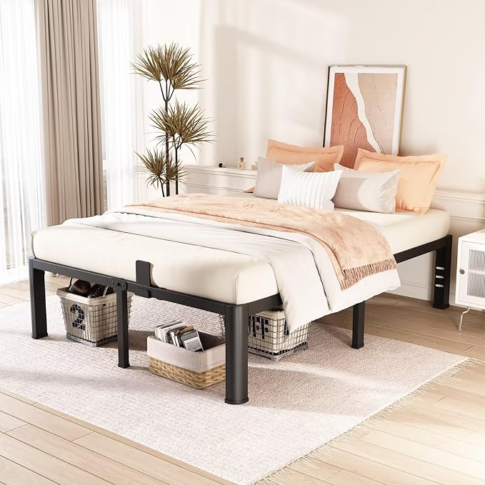 FUIOBYVV 16 Inch Queen Bed Frame with Rounded Corner and Headboard Hole Mattress Retainers 3500 LBS Metal Heavy Duty Steel Slats Support No Box Spring Needed Platform Noise Free Easy Assembly