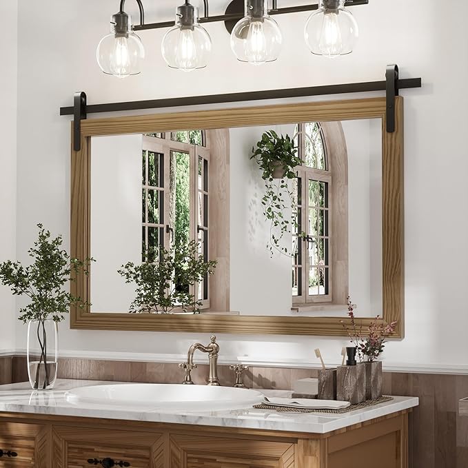 Brown Farmhouse Mirror for Wall, 40x26INCH Large Wood Framed Square Bathroom Mirrors for Vanity, Barn Door Style Mirrors Wall Mounted Dresser Decor Mirror Living Room Bedroom Horizontal