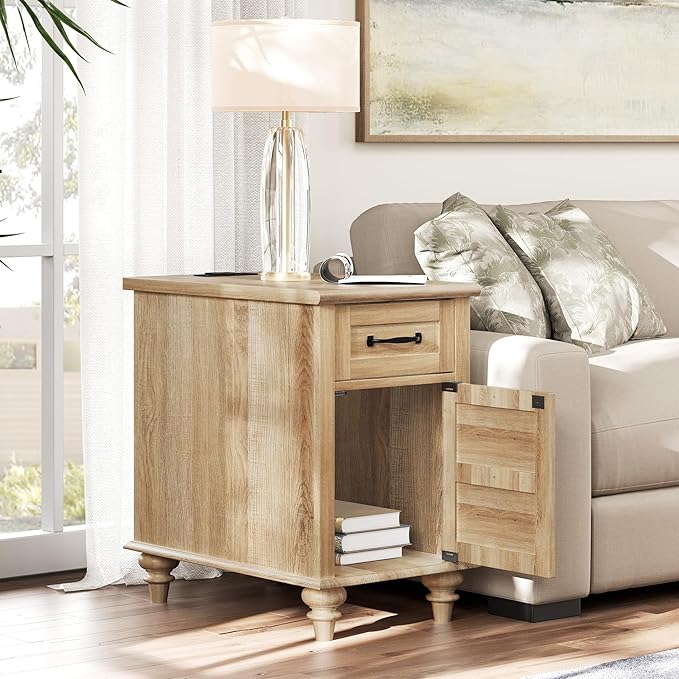 WAMPAT Set of 2 End Tables with Charging Station, Wooden Side Table with Drawer & Storage Cabinet, Farmhouse Nightstands with Power outlets USB Ports for Living Room & Bedroom, Oak