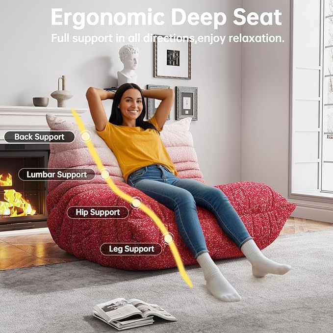 Bean Bag Chairs for Adults, BeanBag Reading Chair Memory Foam Couch, Floor Chair Soft Teddy Material, Comfy Reading Nook Chairs for Bedroom Living Room Office (Pink White)