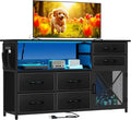 Dresser for Bedroom with LED Lights, TV Stand with Charging Station for 50 inch TV, 6 Drawers Chest with Door and Side Storage, Long Metal Dresser Table for Living Room, Black