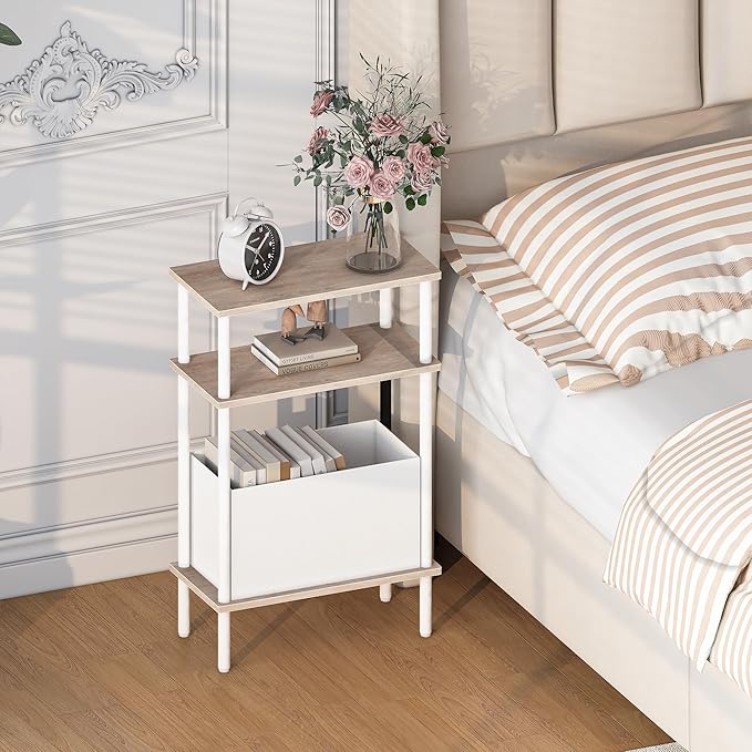 Narrow Side Table with Fabric Basket, End Table for Small Spaces, Slim Nightstand with 3-Tier Storage Shelf, Sofa Beside Table, for Living Room, Bed Room, Natrual Oak