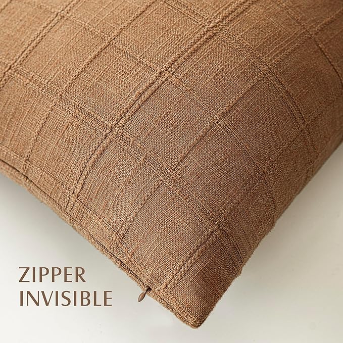 Foindtower Set of 2 Decorative Linen Check Throw Pillow Covers Neutral Farmhouse Vintage Cushion Covers Modern Boho Home Decor for Sofa Chair Couch Bedroom Living Room Outdoor,20×20 Inch,Brick