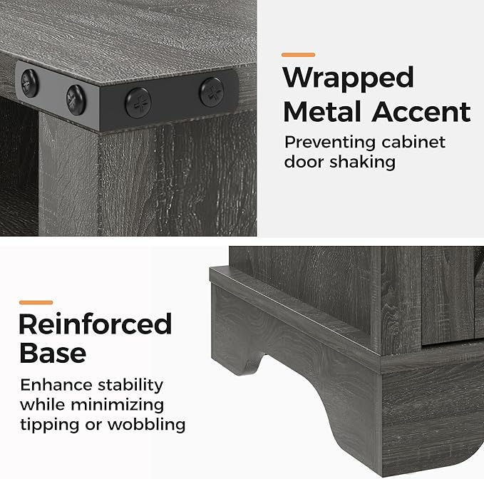 RoyalCraft Nightstand Set of 2, Grey End Table with Charging Station, Tall Farmhouse Bedside Table with Large Storage and Shelf, Wooden Side Table with for Bedroom, Home Office, Dark Grey