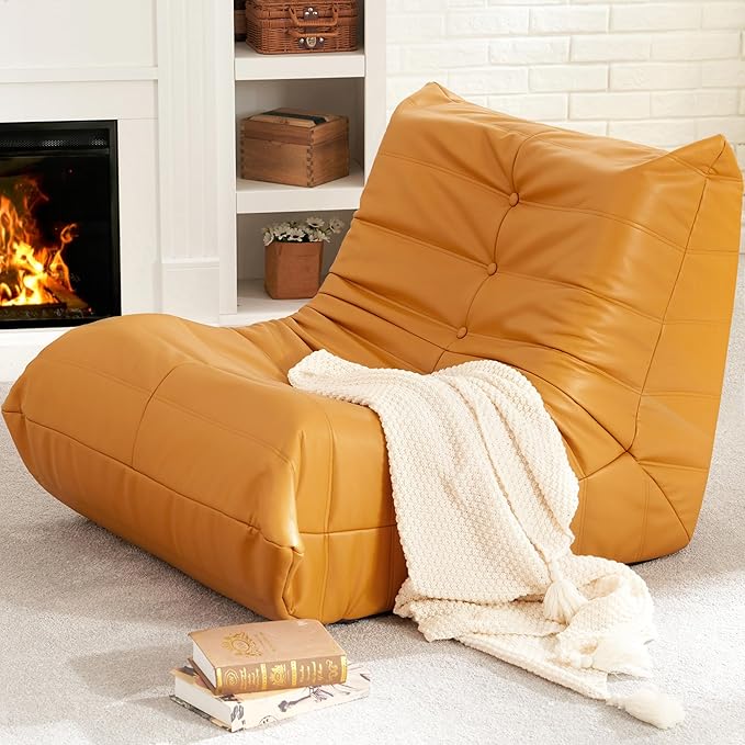 Hobestluk Giant Bean Bag Chair Lazy Floor Sofa, Memory Foam Fireside Sofa for Adults, Big Beanbag Faux Leather Armless Chair for Living Room Bedroom Dorm Office (Yellow, Single)