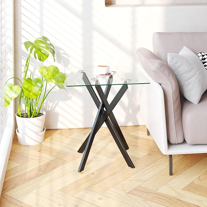 Side Table Set of 2, Modern Stylish End Tables with Tempered Glass Top and Black Metal Legs,Durable Sofa Side Tables for Living Room Bedroom