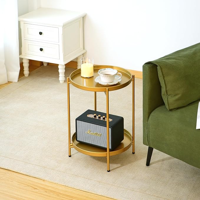 2-Tier Round End Side Table, Small Metal Side Table with Removable Tray, Folding Accent Tables for Living Room, Balcony, Nightstand for Bedroom, Outdoor Tables for Patio, Gold