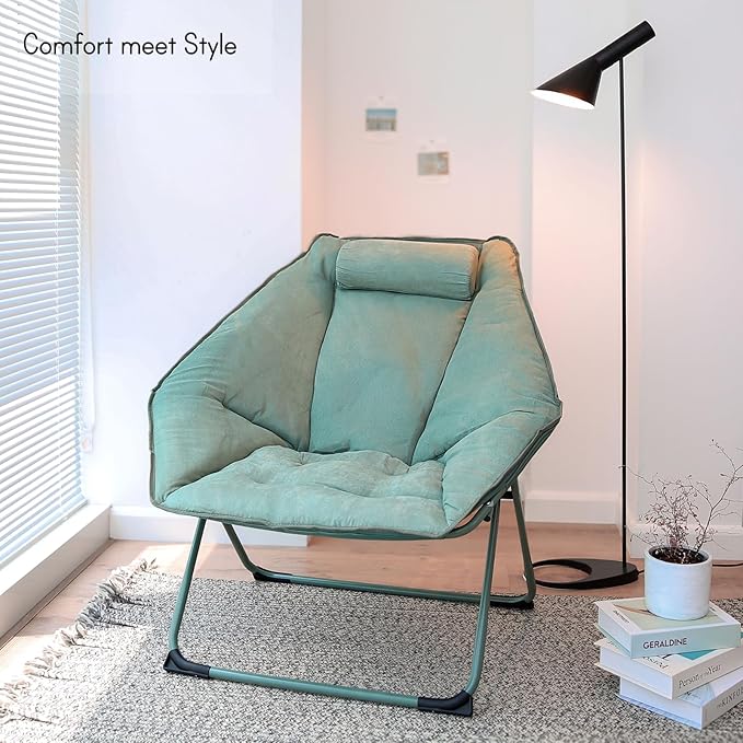 Hexagon Foldable Living Room Chair, Saucer Chair for Adults, Comfy Bedroom Lounge Chair, Moon Chair, Lazy Folding Chair for Dorm Rooms (Chair-Green)