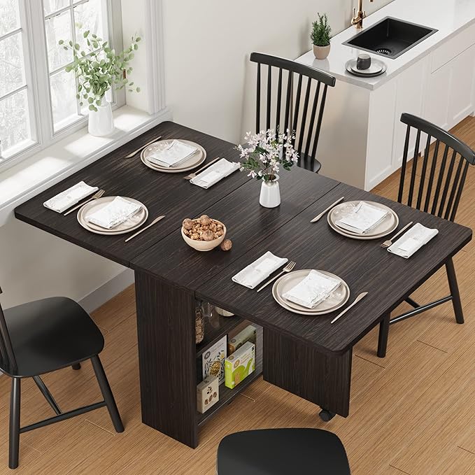 IDEALHOUSE Folding Dining Table, Drop Leaf Dining Table with 6 Wheels and 2-Layer Storage Shelf, Space Saving Dining Table for Small Spaces (Dark Walnut, 50.1" D x 31.4" W x 29.5" H)
