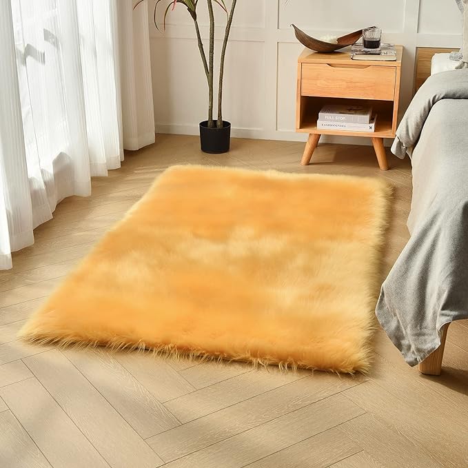 duduta Yellow Faux Sheepskin Fur Rug 3x5 ft, Fluffy Shag Bedroom Dorm Nursery Playroom Carpet Rug Non Slip Washable