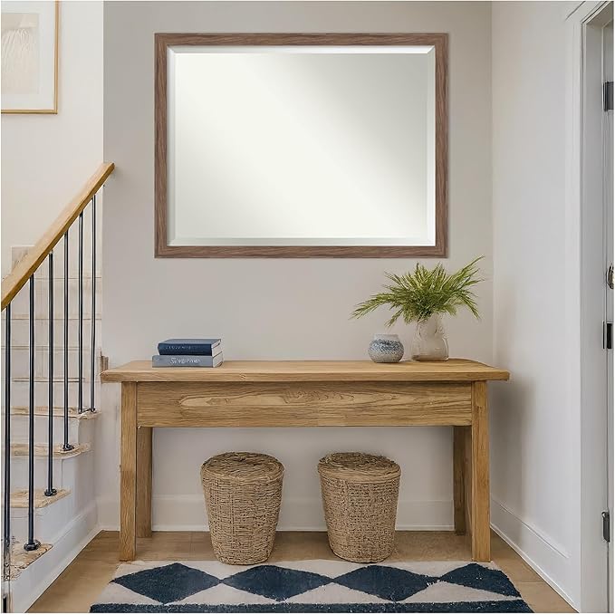 Amanti Art Brown Wall Mirror 33x43 Pia Medium Brown Narrow Rectangle Bathroom Mirror for Wall Decor Living Room, X-Large Casual Frame, Hangs Horizonally and Vertically, Bathroom Decor, Beveled Edge