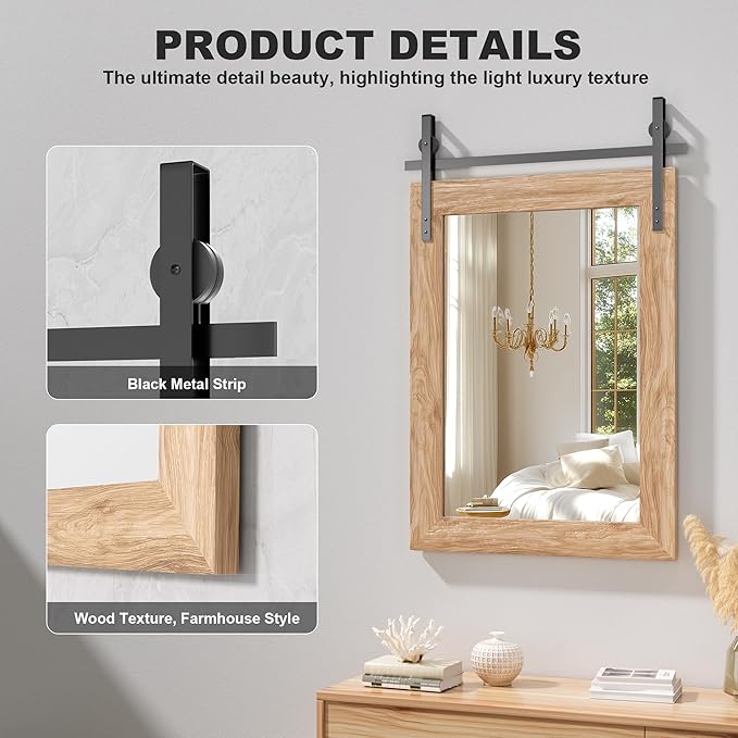 Hasipu Farmhouse Bathroom Mirror, 55"x36" Rustic Wood Framed Wall Mounted Mirror, Brown Vintage Vanity Mirror Barn Door Style Decrative Mirrors