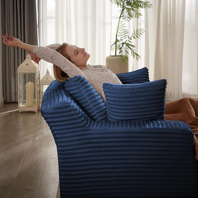 Oversized Chaise Daybed Lounge Sleeper Chair Sofa Bed Indoor, Fluffy Corduroy Upholstered Sleeper Recliner Sofabed Full Foam Boneless Cloud Sofabed W/3 Pillows for Home/Apartment Living Room Bedroom