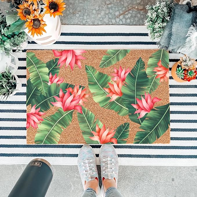 Funny Coir Doormat Beautiful Print with Palm Tree Leaves Front Door Mats Entryway Outdoor Mat with Heavy Duty Front Porch Welcome Mats Entry Natural Coir House Warming Gift Mat 23.7 x 15.7 inch