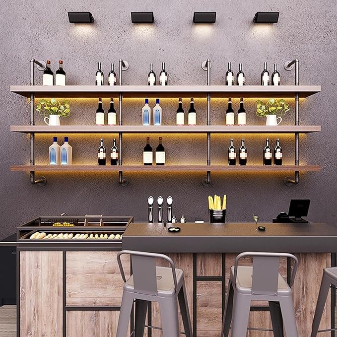 55.1in Large Wine Rack with LED Light Solid Wood Wall Mounted Wine Rack, 3-Tiers Liquor Bottles Floating Shelves Display Storage Organizer for Home Bar & Dining Room (140cm/55.1in)