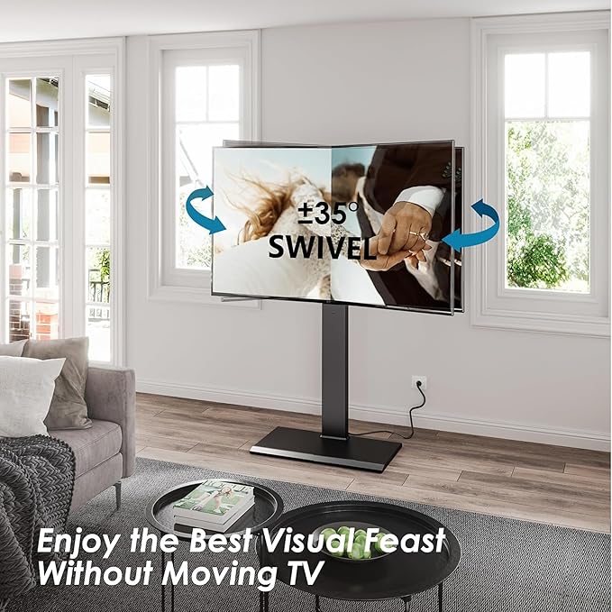FITUEYES Iron Base Floor TV Stand with Power Strip, Tall TV Stand with Swivel Mount for 50-85 Inch Plasma Flat Panel or Curved Screen TVs Height Adjustable Wire Management MAX VESA 800x400 mm