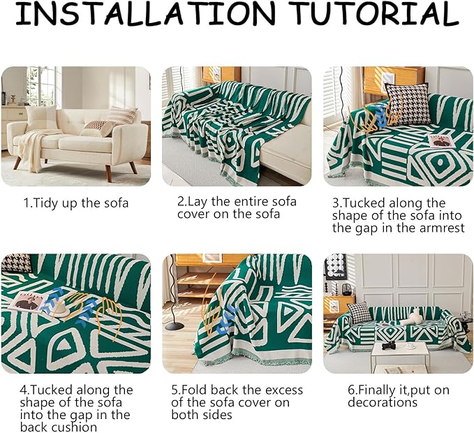 HANDONTIME Dark Green Couch Cover Boho Sofa Covers Washable Forest Green Dog Covers for Couches Reversible Couch Blanket Cover Geometric L Shaped Couch Covers for 2 3 Couch Cushion Cover, 91" X150"