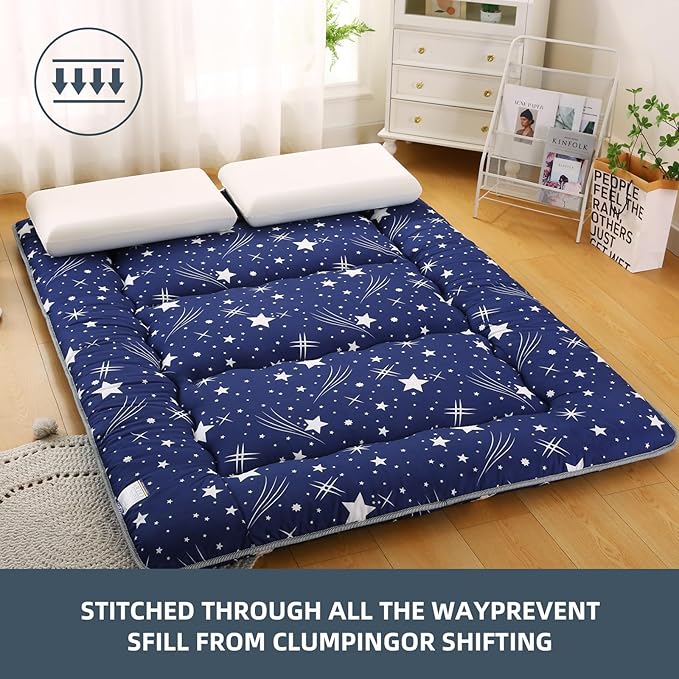 Bohemian Retro Japanese Floor Mattress, Vintage Floral Tatami Floor Mat, Portable Roll up Futon Mattress for Guest,Tavel (Starry,Twin 80" x 36")