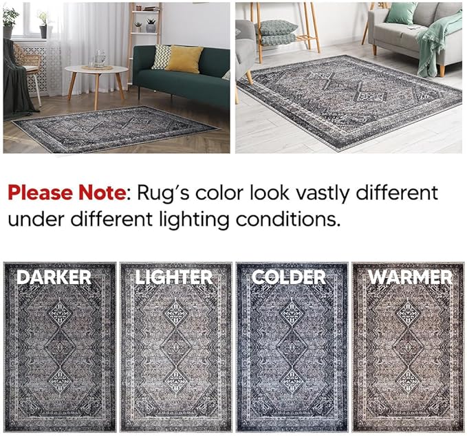 Keen Home Design 8x10 Rug - Machine Washable Area Rug with Non-Slip Backing, Ideal for Living Room, Dining Room, Bedroom - Vintage, Easy Clean, Durable, Low Pile Rug - (8' x 10')
