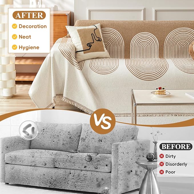 STACYPIK Modern Beige Geometric Couch Cover for Dog Boho Reversible Sofa Covers for 3 Cushion Couch Washable Furniture Protector Chenille Sofa Slipcover Loveseat Cover Multi-Use Throw Blanket-71X134IN