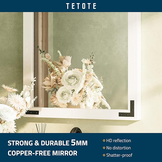 TETOTE 22 x 30 White Wood Framed Mirror for Bathroom Wall/Bedroom/Living Room/Entryway Farmhouse Rustic Bathroom Vanity Mirror for Wall Waterproof (Horizontal/Vertical Mounted)