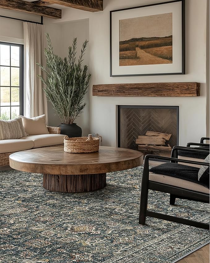 6X9 Area Rugs Machine Washable Rugs for Living Room, Vintage Boho Large Rugs for Bedroom Dining Room, Non Slip Indoor Soft Distressed Lightweight Thin Low Pile Carpet, Deep