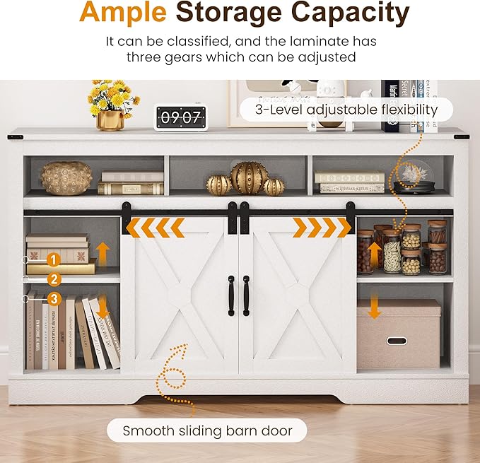 RoyalCraft Farmhouse TV Stand for 23" Fireplace, 34'' Tall Entertainment Center for 65+ Inch TV, 34" Tall Rustic TV Console with Sliding Bar Door for Living Room, White
