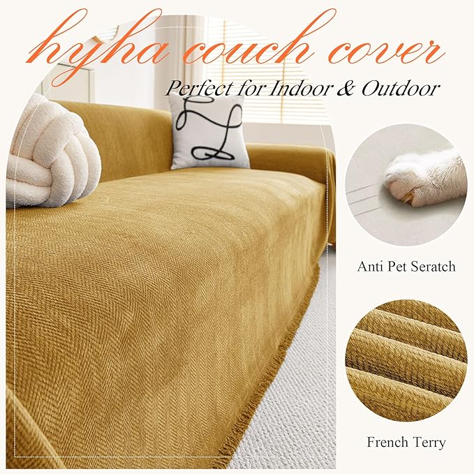 hyha Couch Cover for Dogs, Boho Sofa Covers for 3 Cushion Couch Washable, Chenille Sofa Slipcover for Pets, Soft Loveseat Sectional Couch Throw Blankets with Tassels (Yellow, 71x150 Inch)