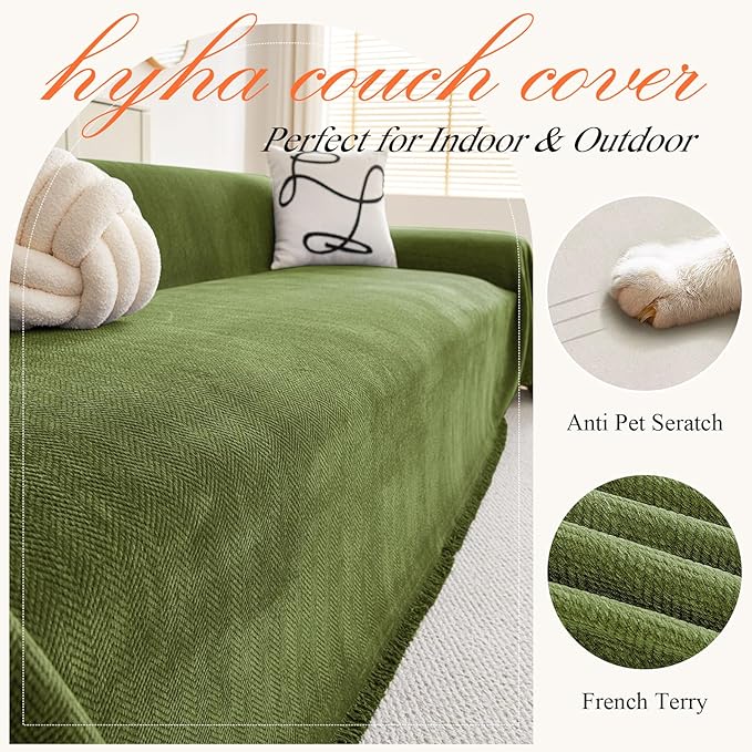 hyha Couch Cover for Dogs, Boho Sofa Covers for 3 Cushion Couch Washable, Chenille Sofa Slipcover for Pets, Soft Loveseat Sectional Couch Throw Blankets with Tassels (Green, 88.5x150 Inch)