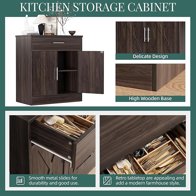 Shintenchi Farmhouse Storage Cabinets with Doors and Shelves,Kitchen Barn Door Storage Cabinet with Drawers,Coffee Bar Cabinet Buffest Sideboard for Dining Living Room,Bathroom,Entryway,Dark Brown