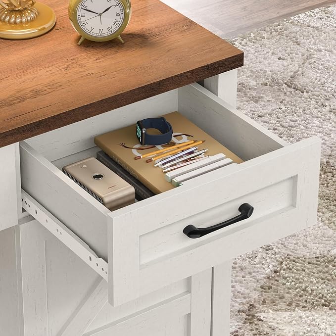 Farmhouse 47" Executive Desk, Computer Desk with 2 Drawers, LED Light and Storage Cabinet, Home Office Desk with Hutch, Charging Hub, Workstation for Home Office and Study.Unique White