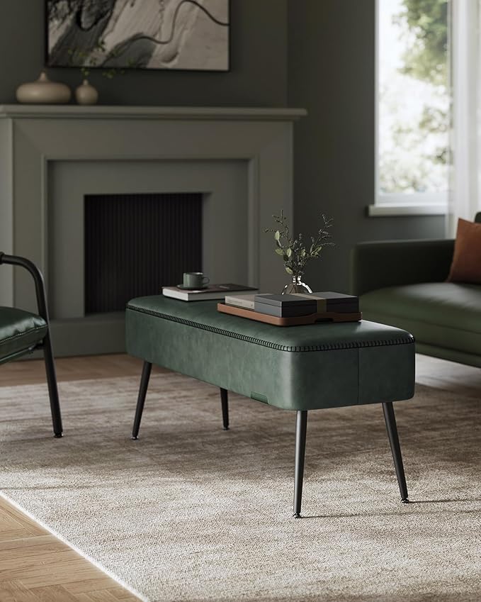 VASAGLE EKHO Collection - Bench for Entryway Bedroom, Synthetic Leather with Stitching, Ottoman Bench with Steel Legs, Living Dining Room, Mid-Century Modern, Loads 660 lb, Forest Green ULOM076C01