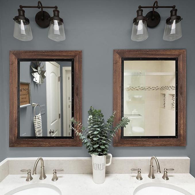 YOSHOOT Rustic Wooden Framed Wall Mirror, 30"x20", Natural Wood and Iron Bathroom Vanity Mirror for Farmhouse Decor, Vertical or Horizontal Hanging