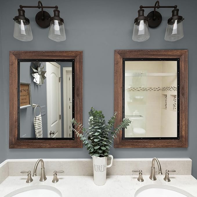 YOSHOOT Rustic Wooden Framed Wall Mirror, 26"x18", Natural Wood and Iron Bathroom Vanity Mirror for Farmhouse Decor, Vertical or Horizontal Hanging