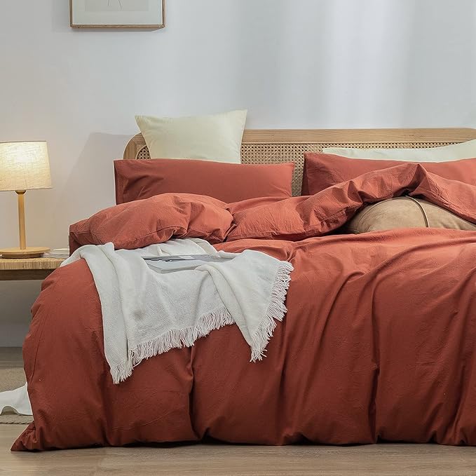 BESTOUCH Duvet Cover Set 100% Washed Cotton Linen Feel Super Soft Comfortable Chic Lightweight 3 PCs Home Bedding Set Solid Crimson Red Full/Double