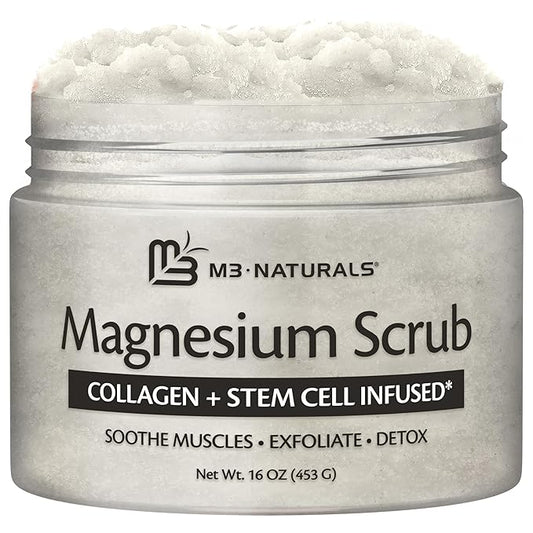 Magnesium Body Scrub for Sore Muscles, Exfoliation & Relaxation | Calming & Moisturizing Mineral-Rich Dead Sea Salt with Collagen, Stem Cell & Shea Butter, for Body, Hands & Feet, 16oz by M3
