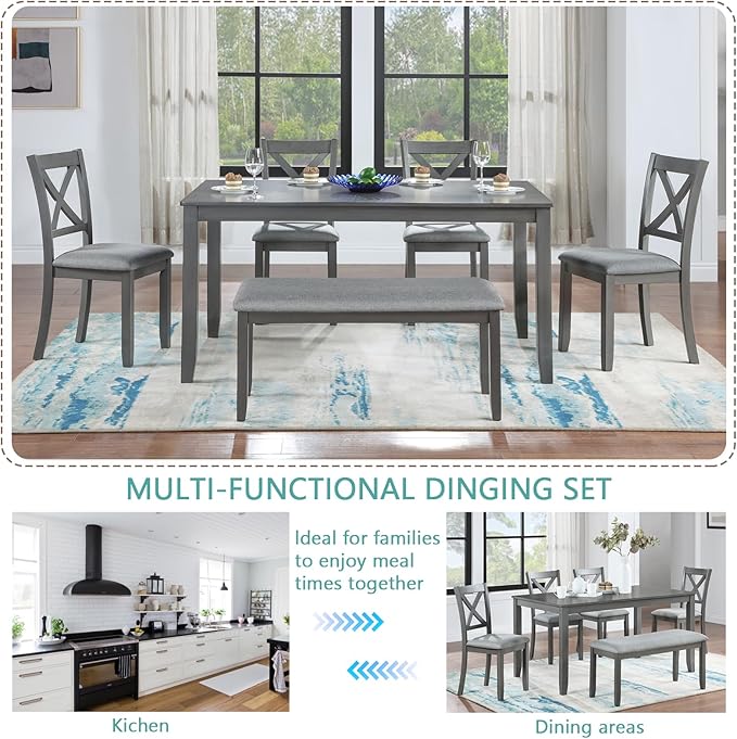 KEIKI 6-Piece Standard Height Dining Table Set with Rectangular Table, 4 Upholstered X-Shaped Backrset Chair, Bench, for 6 Person, Modern Style Table Set, Easy Assembly, for Kitchen, Dining Room, Gray