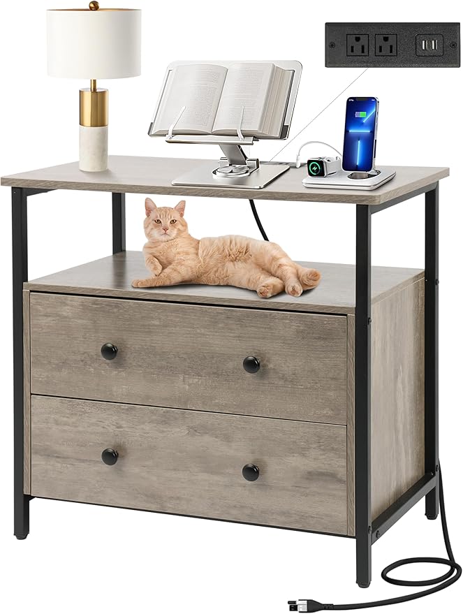 27 inch Wide Nightstand with Charging Station, Bedside Table with Open Shelf, 2 Drawers Small Wood Dresser, End Side Table for Bedroom (Rustic Gray)