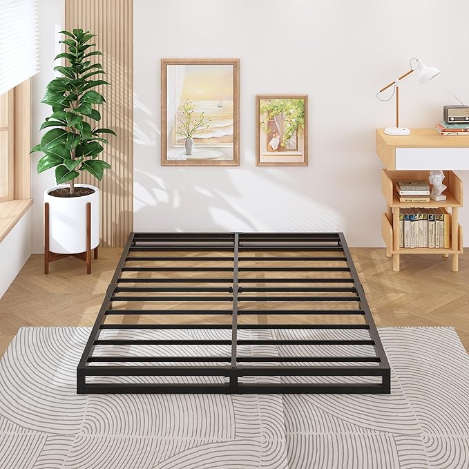 4 Inch Bed Frame Queen Size Heavy Duty Steel Slat Support Metal Platform Queen Bed Frame No Box Spring Needed, Easy Assembly, Black