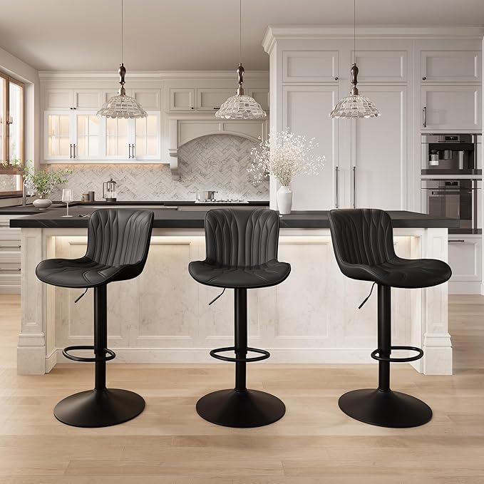 YOUNIKE Black Bar Stools Sset of 4 Modern Swivel Counter Height Bar Chair with Back Adjustable Kitchen Island Faux Leather Padded Barstools taburetes de bar Breakfast sillas para barra de cocina 4PCS