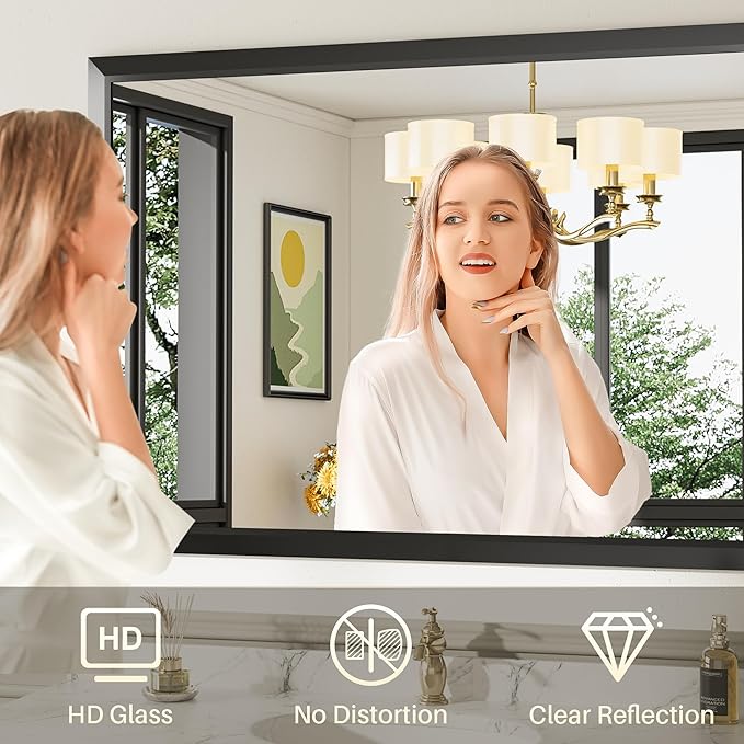 28x32 Inch Black Bathroom Mirror for Wall, Thick Metal Framed Rectangle Mirrors for Over Sink, Bedroom, Living Room, Entryway, Anti-Rust, HD Tempered Glass
