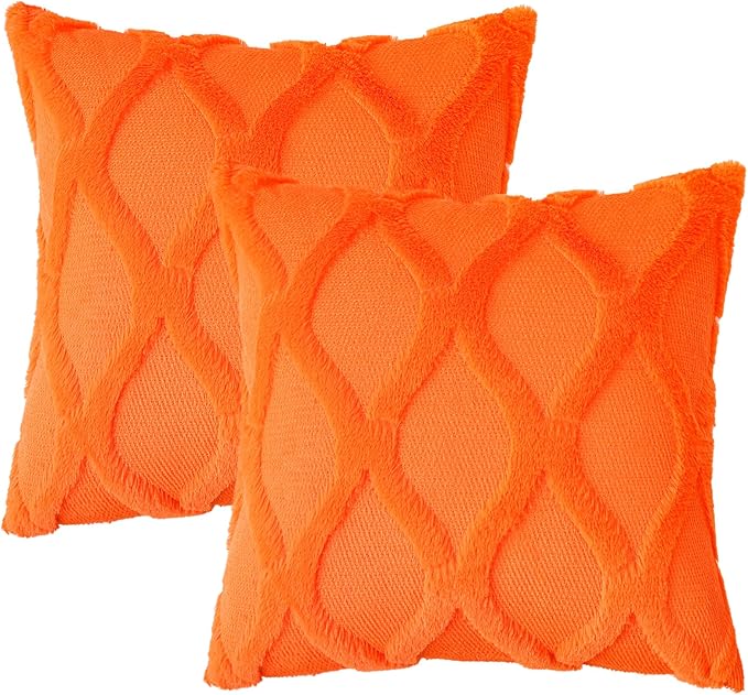 decorUhome Fall Throw Pillow Covers 18x18 Inch Set of 2, Soft Plush Faux Fur Wool Orange Couch Pillow Covers, Decorative Neutral Pillow Cases for Bed Sofa Living Room Home Decor